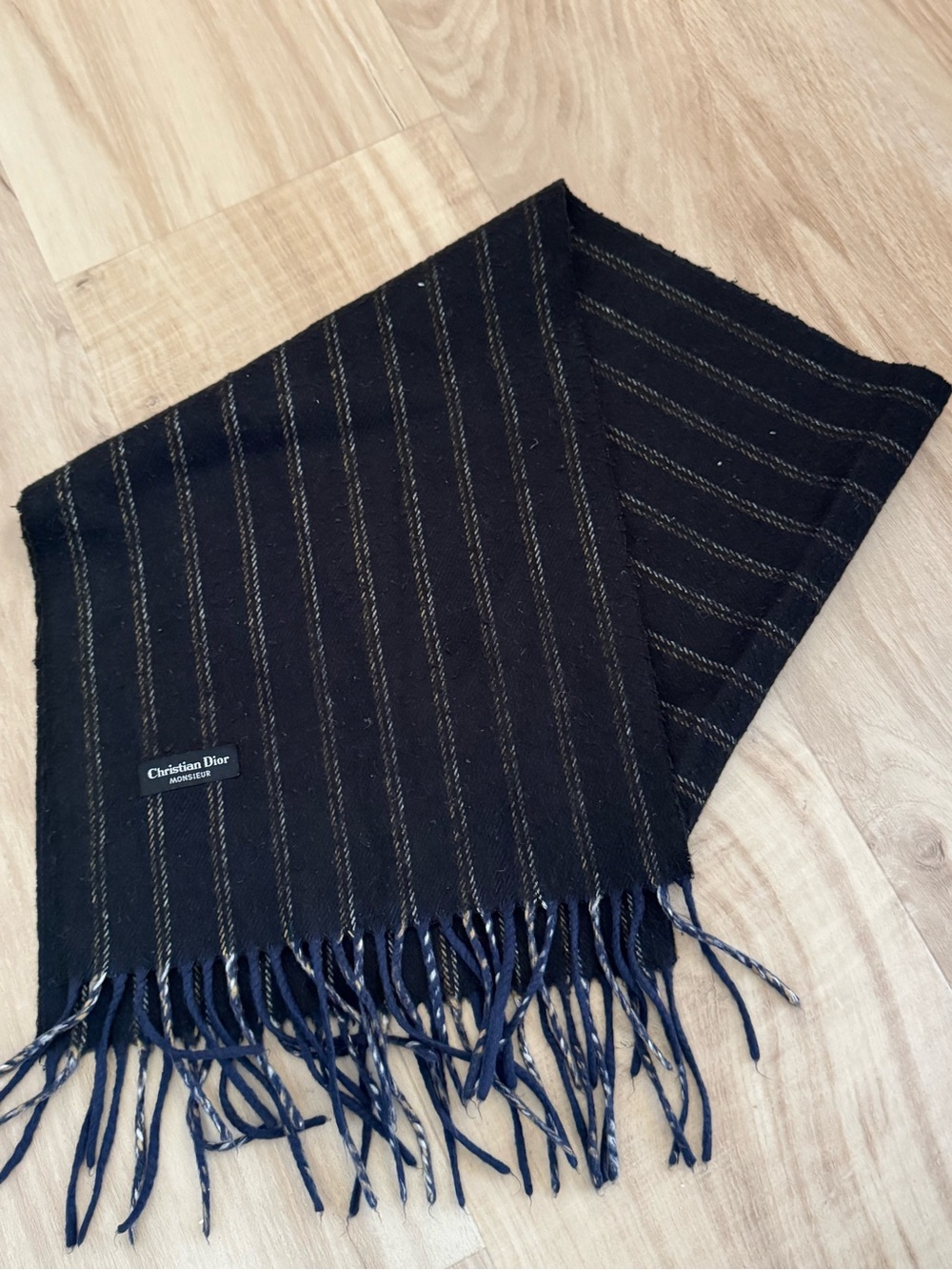 Dior Men’s Black Scarf with Subtle Gold Pinstripes